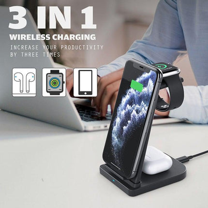 10W 3 in 1 QC 3.0 Vertical Multi-function Wireless Charger with Stand Function, Suitable for Mobile Phones / Apple Watch / AirPods (Black)-garmade.com