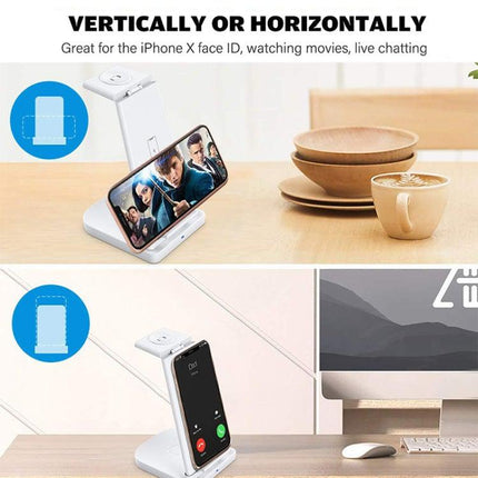 10W 3 in 1 QC 3.0 Vertical Multi-function Wireless Charger with Stand Function, Suitable for Mobile Phones / Apple Watch / AirPods (Black)-garmade.com