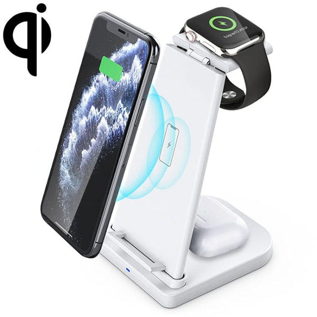 10W 3 in 1 QC 3.0 Vertical Multi-function Wireless Charger with Stand Function, Suitable for Mobile Phones / Apple Watch / AirPods (White)-garmade.com