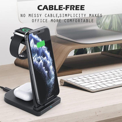 10W 3 in 1 QC 3.0 Vertical Multi-function Wireless Charger with Stand Function, Suitable for Mobile Phones / Apple Watch / AirPods (White)-garmade.com