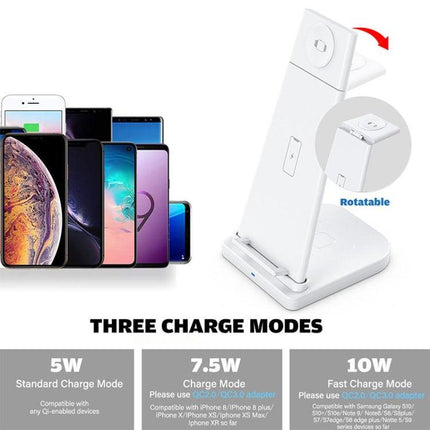 10W 3 in 1 QC 3.0 Vertical Multi-function Wireless Charger with Stand Function, Suitable for Mobile Phones / Apple Watch / AirPods (White)-garmade.com