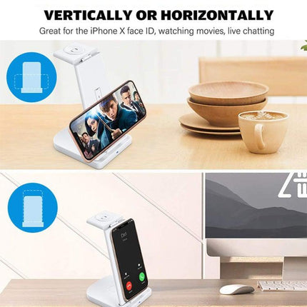 10W 3 in 1 QC 3.0 Vertical Multi-function Wireless Charger with Stand Function, Suitable for Mobile Phones / Apple Watch / AirPods (White)-garmade.com