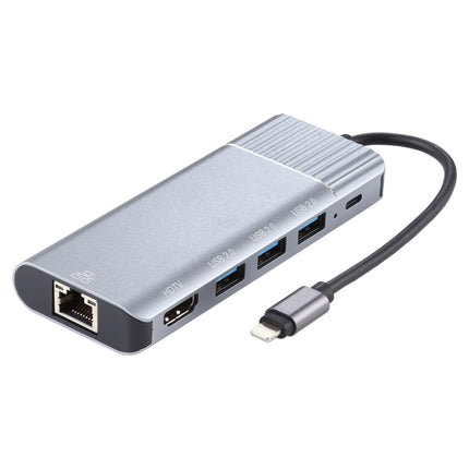 6 in 1 USB 2.0 x 3 + HDMI + RJ45 + 8 Pin Female Charging Port to 8 Pin Male Multi-function Dock Station Adapter-garmade.com
