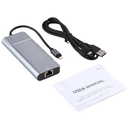 6 in 1 USB 2.0 x 3 + HDMI + RJ45 + 8 Pin Female Charging Port to 8 Pin Male Multi-function Dock Station Adapter-garmade.com