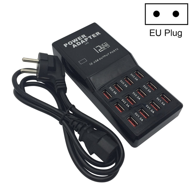 W-858 12A 12 Ports USB Fast Charging Dock Desktop Smart Charger AC100-240V, EU Plug (Black)-garmade.com