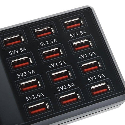 W-858 12A 12 Ports USB Fast Charging Dock Desktop Smart Charger AC100-240V, EU Plug (Black)-garmade.com