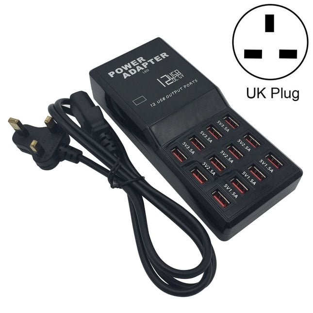 W-858 12A 12 Ports USB Fast Charging Dock Desktop Smart Charger AC100-240V, UK Plug (Black)-garmade.com