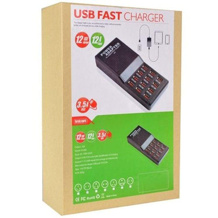 W-858 12A 12 Ports USB Fast Charging Dock Desktop Smart Charger AC100-240V, UK Plug (Black)-garmade.com