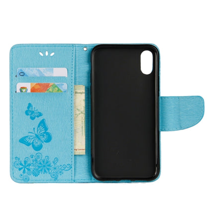 For iPhone X / XS Pressed Flowers Butterfly Pattern Horizontal Flip Leather Case with Holder & Card Slots & Wallet & Lanyard(Blue)-garmade.com