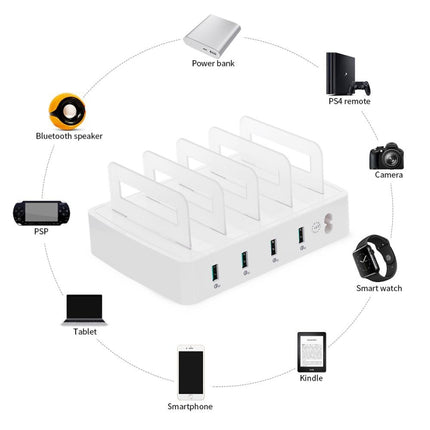 659Q 80W 4 Ports QC3.0 Fast Charging Dock USB Smart Charger with Phone & Tablet Holder, US Plug(White)-garmade.com