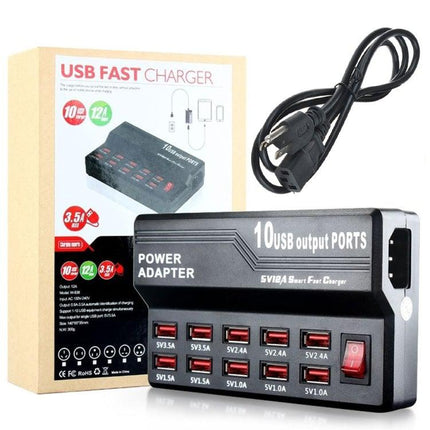 W-838 60W 10 Ports USB Fast Charging Dock Desktop Smart Charger AC100-240V, US Plug (Black)-garmade.com