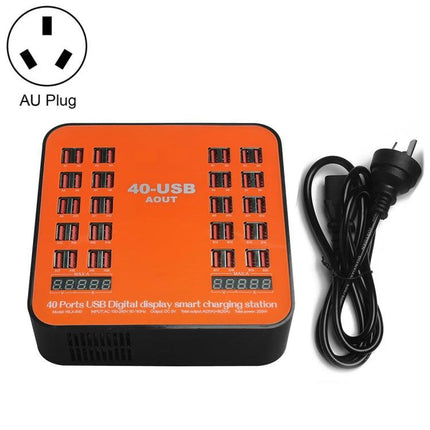 WLX-840 200W 40 Ports USB Digital Display Smart Charging Station AC100-240V, AU Plug (Black+Orange)-garmade.com