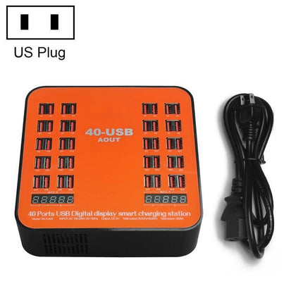 WLX-840 200W 40 Ports USB Digital Display Smart Charging Station AC100-240V, US Plug (Black+Orange)-garmade.com