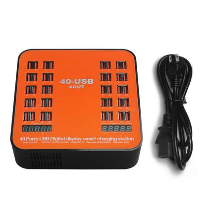 WLX-840 200W 40 Ports USB Digital Display Smart Charging Station AC100-240V, US Plug (Black+Orange)-garmade.com