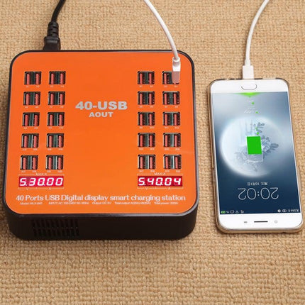 WLX-840 200W 40 Ports USB Digital Display Smart Charging Station AC100-240V, US Plug (Black+Orange)-garmade.com