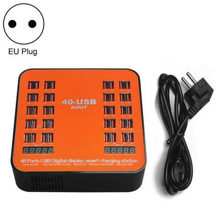 WLX-840 200W 40 Ports USB Digital Display Smart Charging Station AC100-240V, EU Plug (Black+Orange)-garmade.com