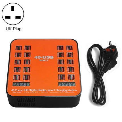 WLX-840 200W 40 Ports USB Digital Display Smart Charging Station AC100-240V, UK Plug (Black+Orange)-garmade.com
