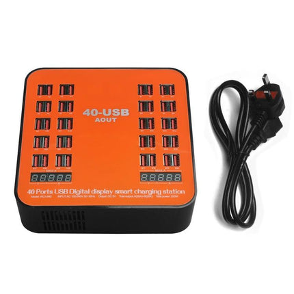 WLX-840 200W 40 Ports USB Digital Display Smart Charging Station AC100-240V, UK Plug (Black+Orange)-garmade.com