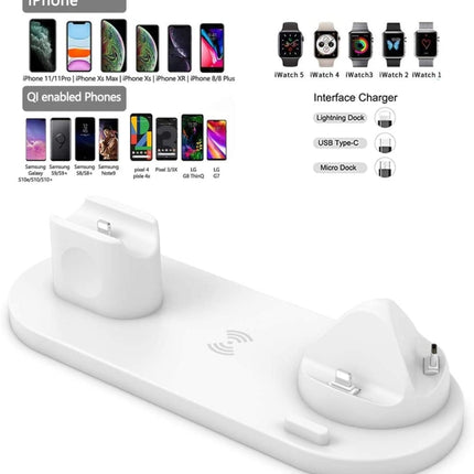 HQ-UD15-upgraded 6 in 1 Wireless Charger For iPhone, Apple Watch, AirPods and Other Android Phones(White)-garmade.com