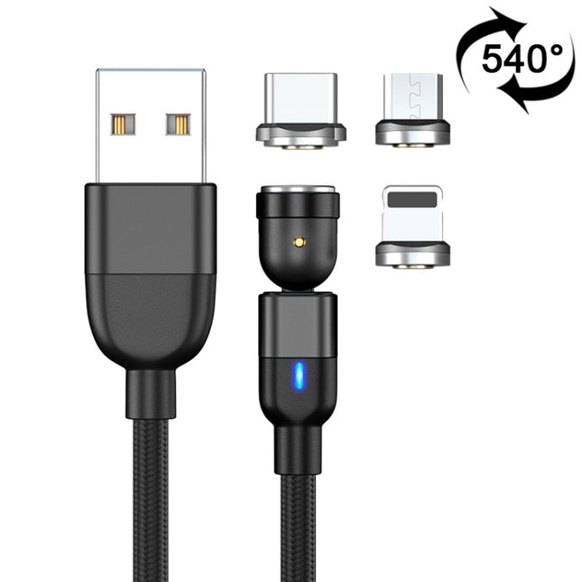 1m 3A Output 3 in 1 USB to 8 Pin + USB-C / Type-C + Micro USB 540 Degree Rotating Magnetic Data Sync Charging Cable(Black)-garmade.com