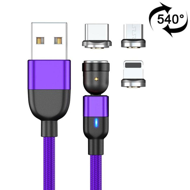 1m 3A Output 3 in 1 USB to 8 Pin + USB-C / Type-C + Micro USB 540 Degree Rotating Magnetic Data Sync Charging Cable(Purple)-garmade.com