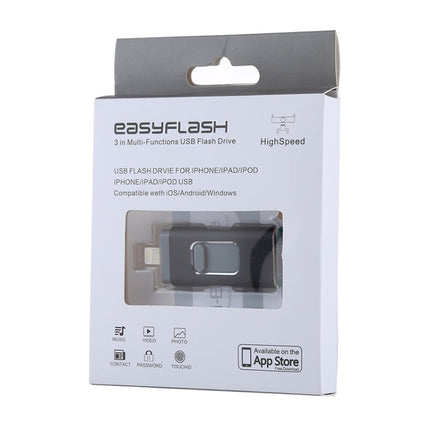 easyflash RQW-01B 3 in 1 USB 2.0 & 8 Pin & Micro USB 64GB Flash Drive(Black)-garmade.com