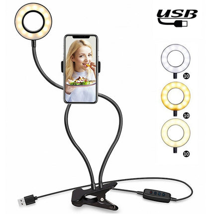 Makeup USB Selfie Ring Light with Clip Lazy Bracket Cell Phone Holder Stand, With 3-Light Mode, 10-Level Brightness LED Desk Lamp, Compatible with iPhone / Android, for Live Stream, KTV, Live Broadcast, Live Show, etc-garmade.com