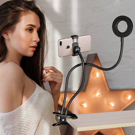 Makeup USB Selfie Ring Light with Clip Lazy Bracket Cell Phone Holder Stand, With 3-Light Mode, 10-Level Brightness LED Desk Lamp, Compatible with iPhone / Android, for Live Stream, KTV, Live Broadcast, Live Show, etc-garmade.com
