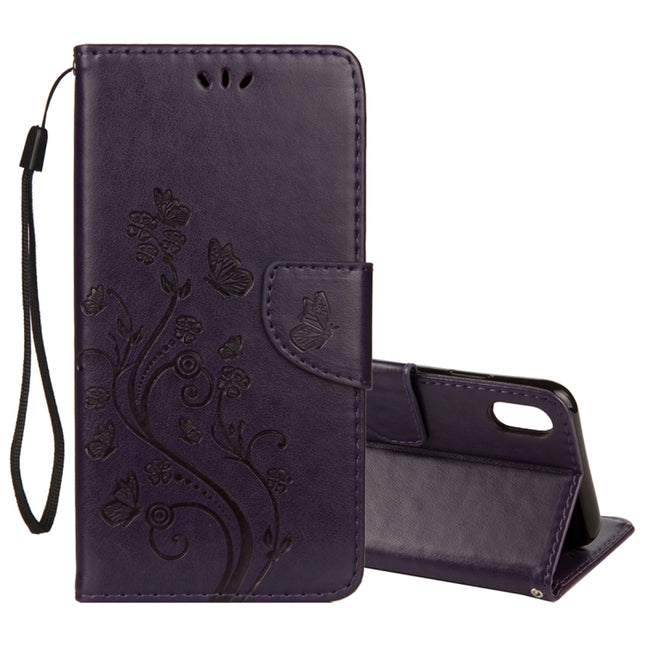 Embossed Butterfly Pattern Horizontal Flip Leather Case with Card Slot & Holder & Wallet & Lanyard For iPhone XR (Dark Purple)-garmade.com