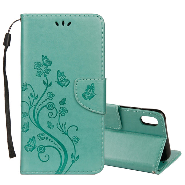 Embossed Butterfly Pattern Horizontal Flip Leather Case with Card Slot & Holder & Wallet & Lanyard For iPhone XR (Green)-garmade.com