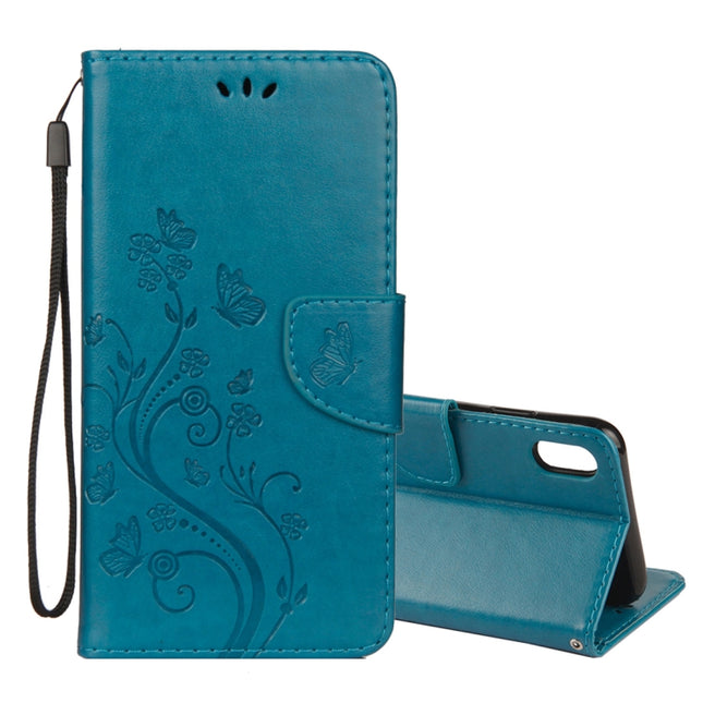 Embossed Butterfly Pattern Horizontal Flip Leather Case with Card Slot & Holder & Wallet & Lanyard For iPhone XR (Blue)-garmade.com