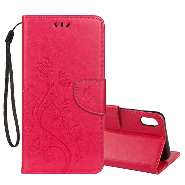 Embossed Butterfly Pattern Horizontal Flip Leather Case with Card Slot & Holder & Wallet & Lanyard For iPhone XR (Magenta)-garmade.com