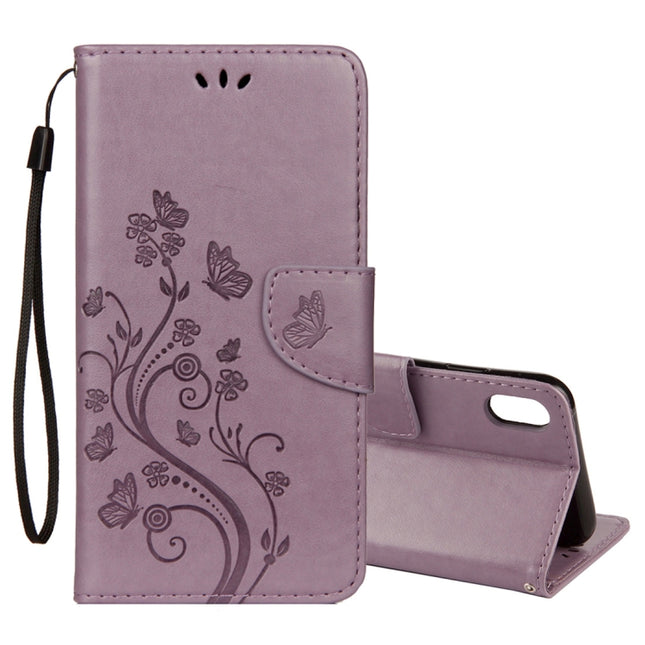 Embossed Butterfly Pattern Horizontal Flip Leather Case with Card Slot & Holder & Wallet & Lanyard For iPhone XR (Purple)-garmade.com