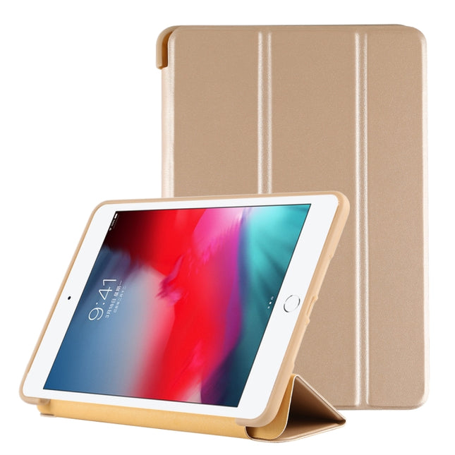 PU Plastic Bottom Case Foldable Deformation Left and Right Flip Leather Case with Three Fold Bracket & Smart Sleep for iPad mini 2019 (Gold)-garmade.com