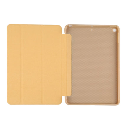 PU Plastic Bottom Case Foldable Deformation Left and Right Flip Leather Case with Three Fold Bracket & Smart Sleep for iPad mini 2019 (Gold)-garmade.com