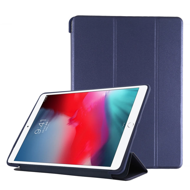 PU Plastic Bottom Case Foldable Deformation Left and Right Flip Leather Case with Three Fold Bracket & Smart Sleep for iPad Air3 2019(Blue)-garmade.com
