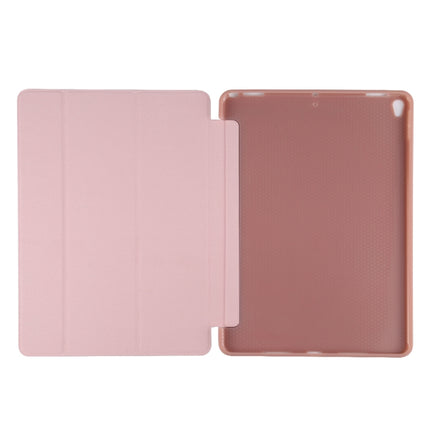 PU Plastic Bottom Case Foldable Deformation Left and Right Flip Leather Case with Three Fold Bracket & Smart Sleep for iPad Air3 2019(Rose Gold)-garmade.com