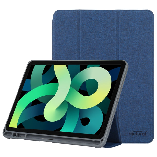 Mutural YASHI Series TPU + PU Cloth Pattern Texture Horizontal Flip Leather Case with Three-folding Holder & Pen Slot & Wake-up / Sleep Function For iPad Air 2022 / 2020 10.9(Blue)-garmade.com