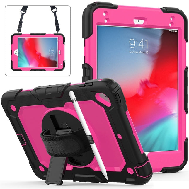 Shockproof Black Silica Gel + Colorful PC Protective Case for iPad Mini 2019 / Mini 4, with Holder & Shoulder Strap & Hand Strap & Pen Slot(Rose Red)-garmade.com