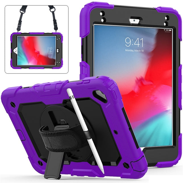 Shockproof Colorful Silica Gel + PC Protective Case for iPad Mini 2019 / Mini 4, with Holder & Shoulder Strap & Hand Strap & Pen Slot(Purple)-garmade.com