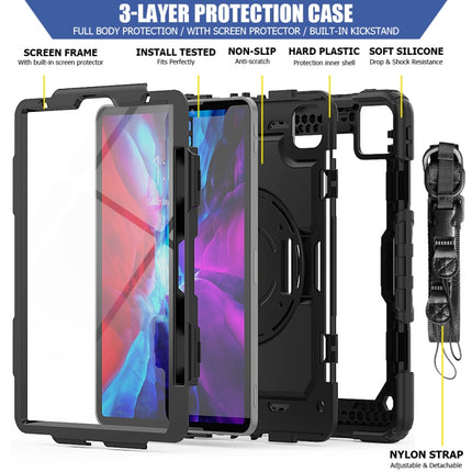 For iPad Pro 11 inch (2018) / Pro 11 inch (2020) Shockproof Colorful Silica Gel + PC Protective Tablet Case with Holder & Shoulder Strap & Hand Strap & Pen Slot(Black)-garmade.com