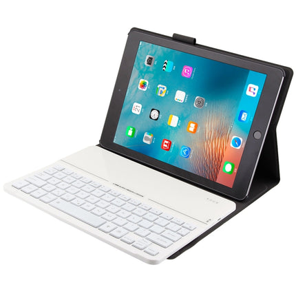 FT2068D For iPad Air 2 & Air 1 / Pro 9.7 inch & 2017 iPad & 2018 iPad Backlight Version Lambskin Texture Detachable Tempered Glass Bluetooth Keyboard Leather Tablet Case with Pen Slot & Stand Function (White)-garmade.com