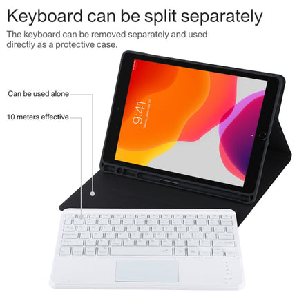 TG-102BCS Detachable Bluetooth White Keyboard + Microfiber Leather Tablet Case for iPad 10.2 inch / iPad Air (2019), with Touch Pad & Backlight & Pen Slot & Holder (Black)-garmade.com