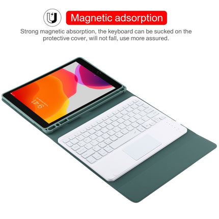 TG-102BCS Detachable Bluetooth White Keyboard + Microfiber Leather Tablet Case for iPad 10.2 inch / iPad Air (2019), with Touch Pad & Backlight & Pen Slot & Holder (Dark Green)-garmade.com