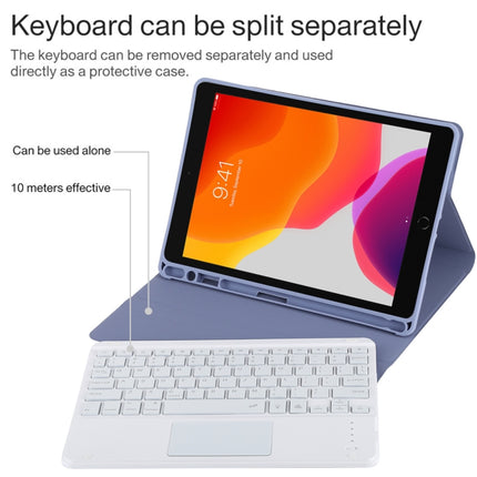 TG-102BCS Detachable Bluetooth White Keyboard + Microfiber Leather Tablet Case for iPad 10.2 inch / iPad Air (2019), with Touch Pad & Backlight & Pen Slot & Holder (Purple)-garmade.com