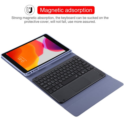 TG-102BCS Detachable Bluetooth Black Keyboard + Microfiber Leather Tablet Case for iPad 10.2 inch / iPad Air (2019), with Touch Pad & Backlight & Pen Slot & Holder (Purple)-garmade.com