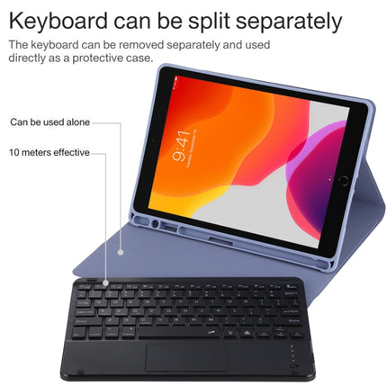 TG-102BCS Detachable Bluetooth Black Keyboard + Microfiber Leather Tablet Case for iPad 10.2 inch / iPad Air (2019), with Touch Pad & Backlight & Pen Slot & Holder (Purple)-garmade.com