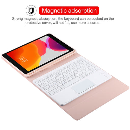 TG-102BC Detachable Bluetooth White Keyboard + Microfiber Leather Tablet Case for iPad 10.2 inch / iPad Air (2019), with Touch Pad & Pen Slot & Holder(Pink)-garmade.com