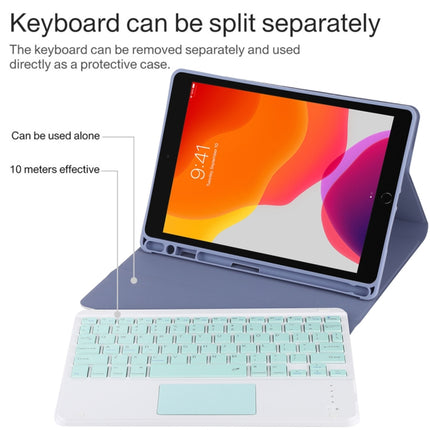 TG-102BC Detachable Bluetooth Green Keyboard + Microfiber Leather Tablet Case for iPad 10.2 inch / iPad Air (2019), with Touch Pad & Pen Slot & Holder (Purple)-garmade.com