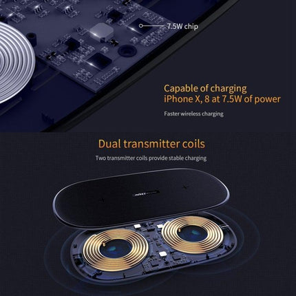 NILLKIN MC031 Gemini Dual Wireless Faster Charger QI Standard Smart Recognition 5/7.5/10W, For iPhone / Samsung / Nokia other QI Standard Smart Phones(Black)-garmade.com